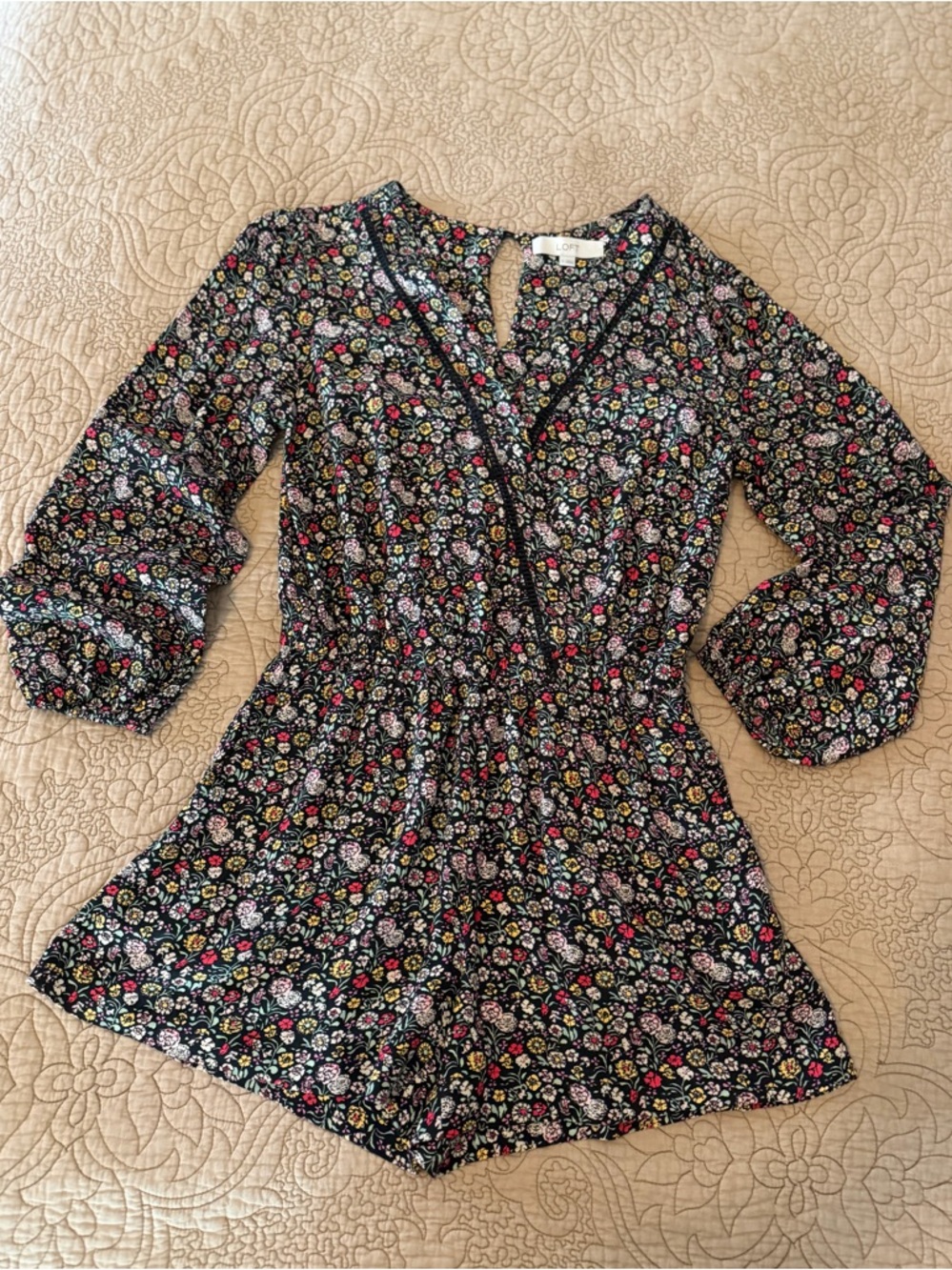 Y2K Ann Taylor Loft Floral Long-Sleeve Romper in Black Pink Cream Flowers, S - Picture 2 of 11